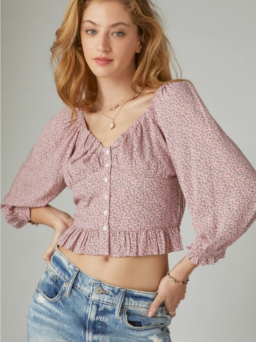 Lucky Brand Women's Pink Floral Button-Front Peasant Top Size M